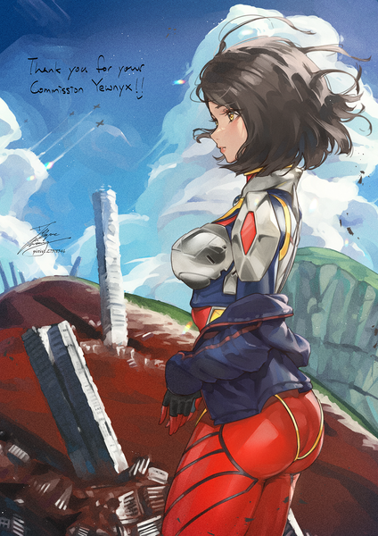 Anime picture 1061x1500 with neon genesis evangelion original gainax fadingz single tall image short hair breasts light erotic brown hair large breasts standing signed yellow eyes looking away sky cloud (clouds) outdoors ass profile