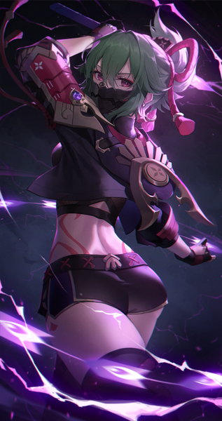 Anime picture 2000x3782 with genshin impact kuki shinobu chyopeuteu single tall image looking at viewer fringe highres short hair breasts hair between eyes red eyes standing holding ass ponytail looking back arm up green hair from behind
