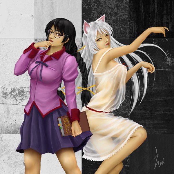 Anime picture 1200x1200 with bakemonogatari shaft (studio) monogatari (series) hanekawa tsubasa black hanekawa ebi (eeotoko) long hair light erotic black hair red eyes multiple girls animal ears cleavage white hair braid (braids) cat ears realistic cat girl girl skirt