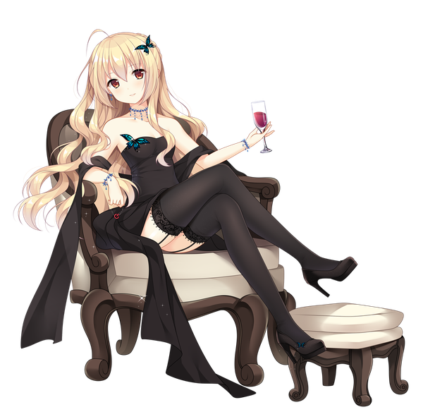 Anime picture 1010x1000 with original verjuice single long hair looking at viewer blush fringe breasts light erotic simple background blonde hair smile hair between eyes white background sitting bare shoulders holding brown eyes cleavage ahoge