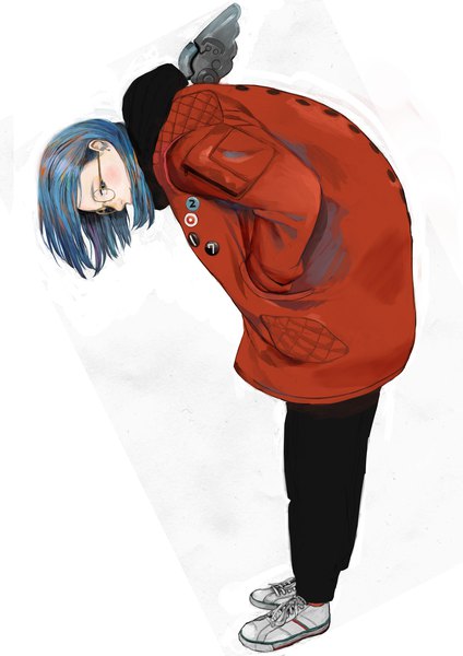 Anime-Bild 2828x4000 mit original zashiki warashi (artist) single tall image looking at viewer blush highres short hair simple background standing white background blue hair full body long sleeves profile light smile leaning leaning forward hands in pockets multicolored eyes