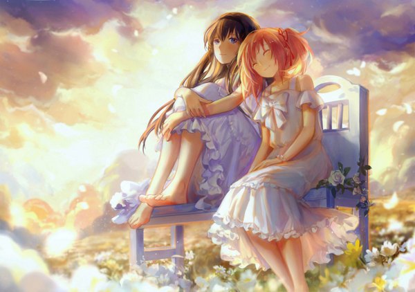 Anime picture 1400x985 with mahou shoujo madoka magica shaft (studio) akemi homura kaname madoka achyue long hair black hair purple eyes twintails multiple girls pink hair eyes closed barefoot sunlight head on another's shoulder girl dress flower (flowers) bow 2 girls