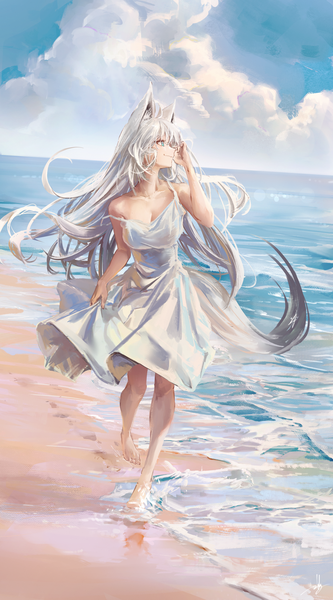 Anime-Bild 2500x4500 mit virtual youtuber hololive shirakami fubuki hyde (tabakko) single long hair tall image fringe highres breasts smile hair between eyes large breasts animal ears looking away sky cleavage cloud (clouds) full body outdoors