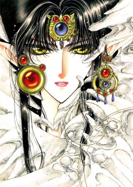 Anime picture 1066x1500 with rg veda clamp ashura single long hair tall image looking at viewer black hair yellow eyes pointy ears face earrings wings jewelry