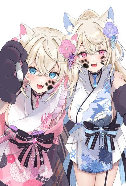 Anime picture 2792x4096 with virtual youtuber hololive hololive english mococo abyssgard fuwawa abyssgard fuwawa abyssgard (new year) mococo abyssgard (new year) nerorigogo long hair tall image highres short hair breasts open mouth blue eyes light erotic simple background blonde hair smile white background