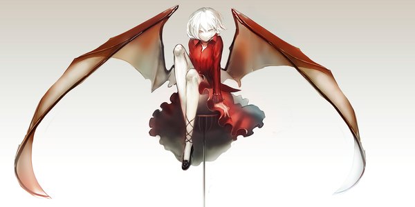 Anime picture 2000x1000 with touhou remilia scarlet tmt (pixiv) single fringe highres short hair wide image sitting silver hair orange eyes alternate costume bat wings vampire girl dress wings shoes red dress
