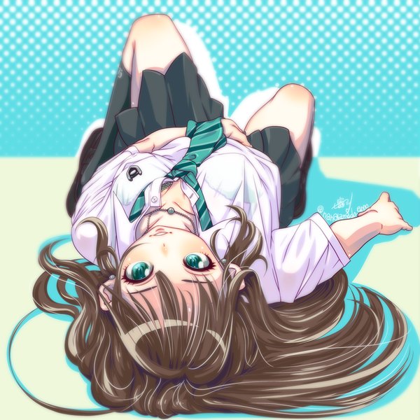 Anime picture 1000x1000 with idolmaster idolmaster cinderella girls shibuya rin honzawa yuuichirou single long hair looking at viewer fringe light erotic smile brown hair bent knee (knees) lying parted lips pleated skirt aqua eyes open collar polka dot girl skirt