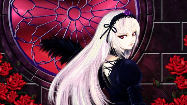 Anime picture 1920x1080 with rozen maiden suigintou long hair highres red eyes wide image signed looking back lolita fashion goth-loli girl hair ornament flower (flowers) wings rose (roses) feather (feathers)