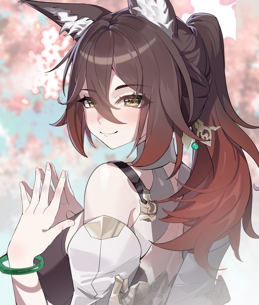 Anime picture 2804x3300 with honkai: star rail honkai (series) tingyun (honkai: star rail) eamut1 single long hair tall image highres brown hair animal ears yellow eyes looking away upper body ponytail fingernails blurry fox ears turning head fingers together girl