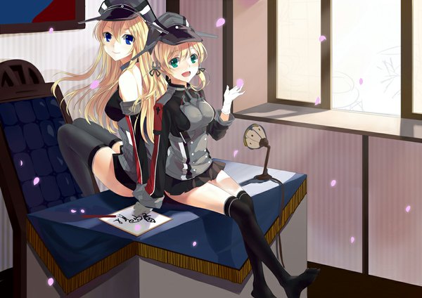 Anime picture 1000x707 with kantai collection bismarck battleship prinz eugen (kantai collection) tot (zhxto) long hair looking at viewer blush fringe breasts open mouth blonde hair smile sitting twintails bare shoulders multiple girls indoors pleated skirt arm up arm support