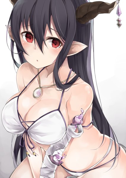 Anime picture 721x1019 with granblue fantasy danua cole single long hair tall image looking at viewer blush breasts light erotic black hair hair between eyes red eyes large breasts bare shoulders horn (horns) from above pointy ears embarrassed draph
