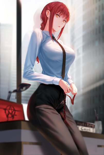 Anime picture 900x1335 with chainsaw man mappa makima (chainsaw man) dongfangzhong111 single long hair tall image looking at viewer fringe breasts large breasts sitting holding yellow eyes payot red hair indoors blunt bangs braid (braids) long sleeves