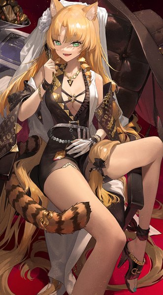 Anime picture 1300x2357 with arknights swire (arknights) swire the elegant wit (arknights) ttk (kirinottk) single tall image looking at viewer fringe breasts open mouth light erotic blonde hair large breasts sitting green eyes animal ears indoors tail blunt bangs very long hair