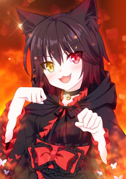 Anime picture 763x1080 with original yamida yokai (alphablob) kitsuneco alphablob single tall image looking at viewer blush short hair open mouth black hair smile red eyes animal ears yellow eyes upper body red hair traditional clothes japanese clothes multicolored hair