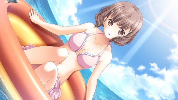 Anime picture 1280x720 with hatsukoi sacrament kasugai iroha single short hair brown hair wide image brown eyes game cg girl swimsuit bikini