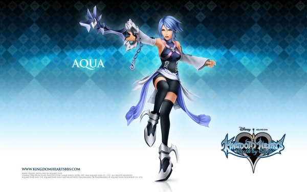 Anime picture 1920x1200 with kingdom hearts square enix aqua (kingdom hearts) single highres short hair open mouth blue eyes wide image blue hair realistic girl thighhighs weapon black thighhighs detached sleeves