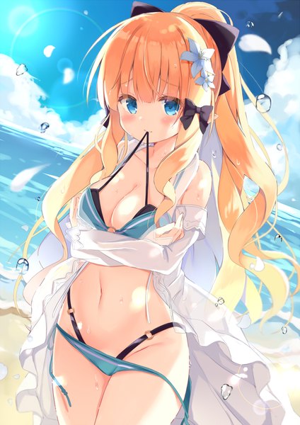 Anime picture 636x900 with princess connect! re:dive princess connect! saren (princess connect!) kujou danbo single long hair tall image looking at viewer blush fringe breasts blue eyes light erotic blonde hair large breasts standing holding payot sky cloud (clouds)