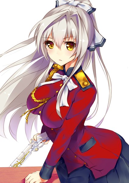 Anime picture 744x1052 with amagi brilliant park kyoto animation sento isuzu henet hene single long hair tall image looking at viewer blush simple background white background silver hair ponytail from above alternate hair color girl uniform bow weapon hair bow