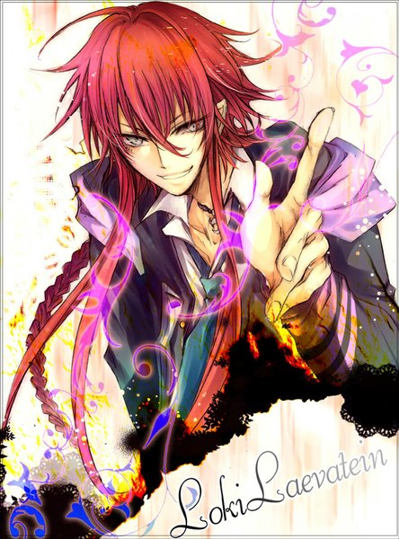 Anime picture 670x905 with kamigami no asobi brains base (studio) loki laevatin nekoritatsuki single long hair tall image looking at viewer fringe smile hair between eyes red hair braid (braids) pointy ears character names outstretched arm open collar silver eyes boy necktie