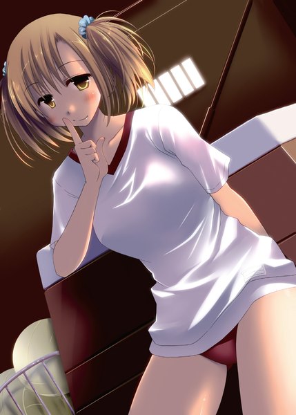 Anime picture 1482x2072 with original theta (artist) single tall image blush short hair brown hair yellow eyes indoors finger to mouth gym storeroom girl uniform t-shirt gym uniform vaulting horse
