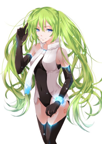 Anime picture 1000x1400 with vocaloid vocaloid append hatsune miku hatsune miku (append) ginshachi (artist) single long hair tall image blue eyes simple background white background twintails green hair girl thighhighs gloves black thighhighs necktie elbow gloves bracelet