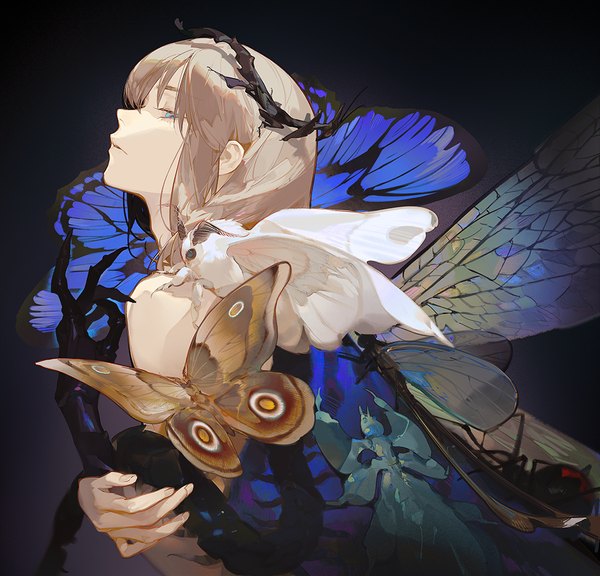 Anime picture 1041x1000 with fate (series) fate/grand order oberon (fate) ask (askzy) single looking at viewer short hair blue eyes simple background blonde hair upper body profile black background androgynous boy insect butterfly halo dragonfly moth