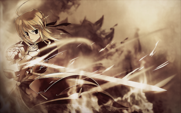Anime picture 1280x800 with fate (series) fate/stay night studio deen type-moon artoria pendragon (all) saber black hair blonde hair wide image sword armor