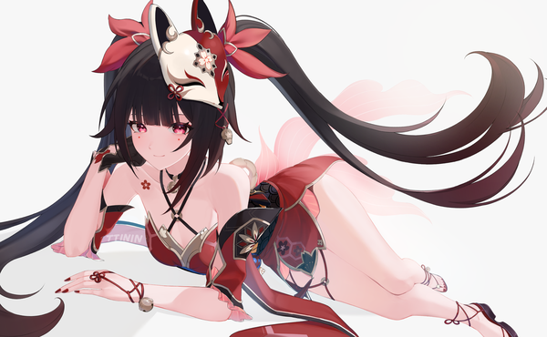 Anime picture 2694x1662 with honkai: star rail honkai (series) sparkle (honkai: star rail) ttinin single long hair looking at viewer blush fringe highres breasts light erotic simple background smile red eyes brown hair wide image white background twintails bare shoulders