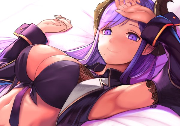 Anime picture 1200x840 with virtual youtuber honey strap saionji mary hoshara single long hair looking at viewer blush fringe breasts light erotic smile purple eyes cleavage purple hair horn (horns) fingernails mole armpit (armpits) dutch angle