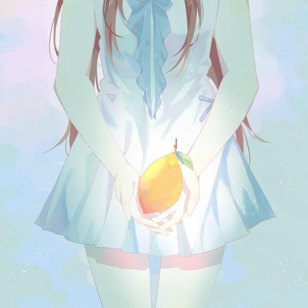 Anime-Bild 4160x4161 mit tagme (artist) single long hair tall image highres simple background brown hair standing absurdres head out of frame girl dress leaf (leaves) fruit lemon
