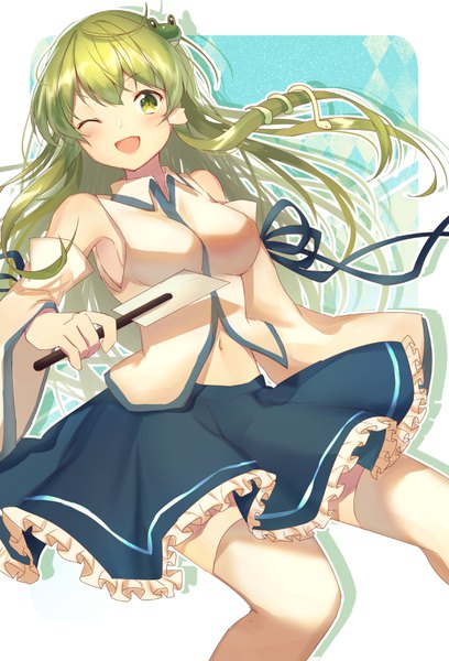 Anime-Bild 2387x3508 mit touhou kochiya sanae nenobi (nenorium) single long hair tall image looking at viewer blush highres open mouth bare shoulders holding green eyes one eye closed green hair wink armpit (armpits) zettai ryouiki frilly skirt girl