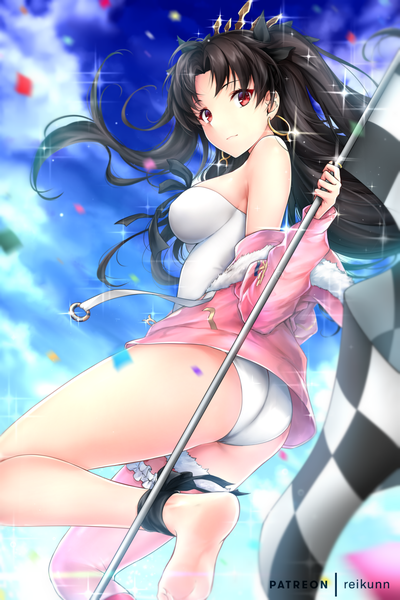 Anime picture 1040x1560 with fate (series) fate/grand order ishtar (fate) ishtar (swimsuit rider) (fate) rei kun single long hair tall image looking at viewer fringe breasts light erotic black hair bare shoulders holding signed sky cloud (clouds) ass outdoors