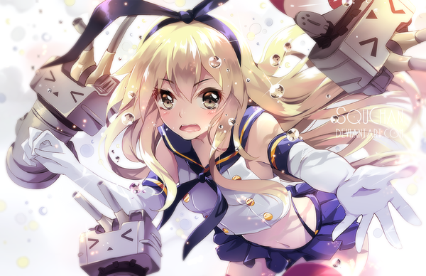 Anime picture 1200x776 with kantai collection shimakaze destroyer rensouhou-chan squchan long hair blush open mouth simple background blonde hair white background yellow eyes pleated skirt sunlight bare belly > < girl thighhighs skirt gloves navel