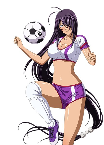 Anime picture 600x832 with ikkitousen kanu unchou single tall image looking at viewer fringe breasts blue eyes light erotic simple background white background purple hair very long hair hair over one eye girl navel uniform shorts short shorts gym uniform