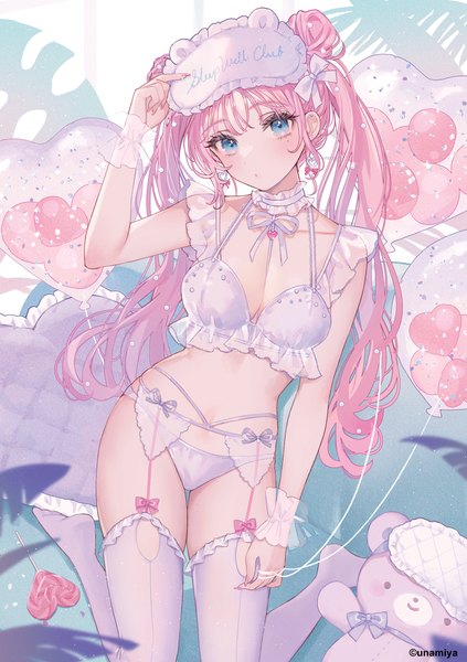 Anime picture 1000x1419 with original unagi miyako single long hair tall image looking at viewer blue eyes light erotic twintails pink hair full body head tilt arm up underwear only girl thighhighs underwear panties white thighhighs food