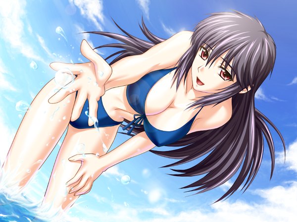 Anime picture 1200x900 with light erotic black hair red eyes game cg girl swimsuit water splashes