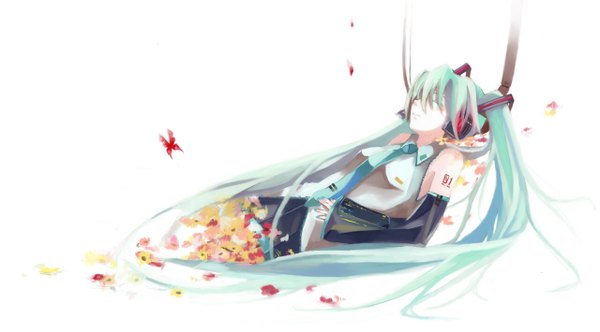 Anime picture 1280x710 with vocaloid hatsune miku nako (nonrain) single long hair simple background wide image white background twintails lying eyes closed very long hair aqua hair girl flower (flowers) detached sleeves necktie headphones insect butterfly