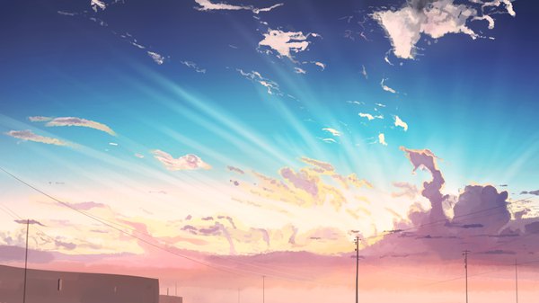 Anime picture 3840x2160 with original banishment highres wide image absurdres sky cloud (clouds) sunlight wallpaper no people landscape sunbeam wire (wires) pole