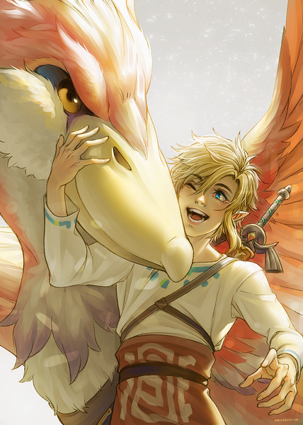 Anime picture 886x1242 with the legend of zelda nintendo link loftwing (legend of zelda) whispwill tall image fringe short hair open mouth blue eyes blonde hair simple background smile white background signed one eye closed aqua eyes pointy ears wink hair over one eye