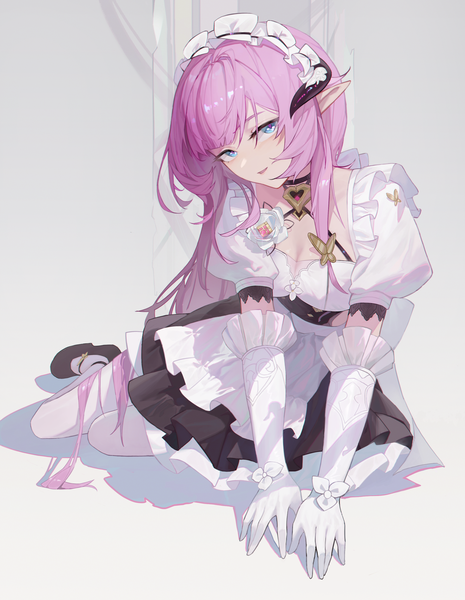 Anime-Bild 2500x3228 mit honkai impact 3rd honkai (series) elysia (honkai impact) elysia (miss pink elf) (honkai impact) lettereast single tall image looking at viewer highres blue eyes simple background sitting pink hair very long hair horn (horns) pointy ears grey background puffy sleeves official alternate costume girl