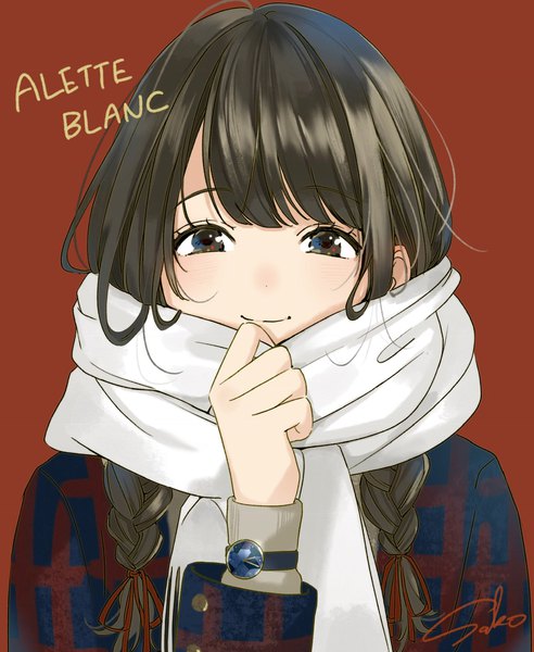 Anime picture 1552x1891 with original alette blanc sako (user ndpz5754) single long hair tall image looking at viewer blush fringe simple background smile brown hair brown eyes signed upper body blunt bangs braid (braids) long sleeves inscription twin braids