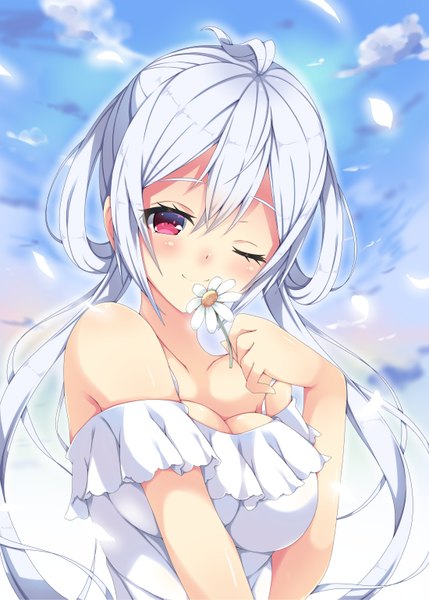 Anime picture 1100x1539 with phantasy star phantasy star online 2 sega matoi (pso2) milkpanda single long hair tall image looking at viewer blush breasts light erotic red eyes bare shoulders white hair one eye closed wink girl flower (flowers) petals