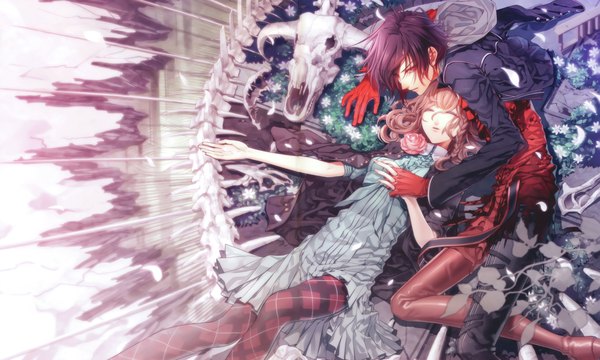 Anime picture 9808x5885 with amnesia idea factory heroine (amnesia) shin (amnesia) highres short hair red eyes wide image purple eyes absurdres purple hair eyes closed scan orange hair holding hands wavy hair girl dress boy gloves