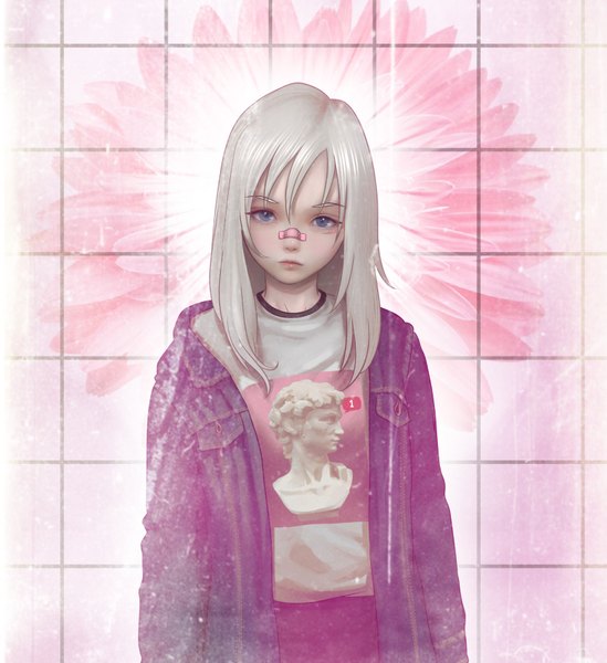 Anime picture 1556x1700 with original edith wilton mawa setiawan single long hair tall image looking at viewer blue eyes blonde hair upper body realistic open jacket bandaid on nose girl jacket t-shirt bandaid