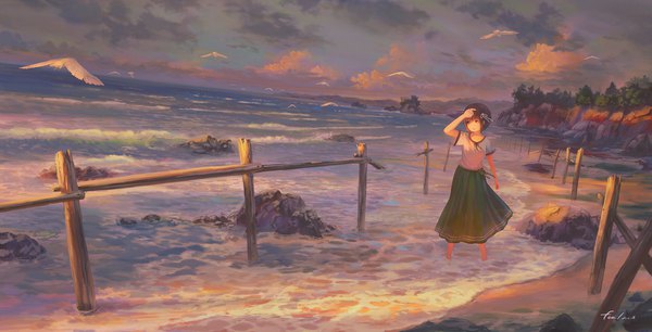 Anime picture 2207x1128 with original feel (nasitaki) single fringe highres short hair hair between eyes brown hair wide image brown eyes signed payot looking away sky cloud (clouds) outdoors shadow partially submerged evening sunset