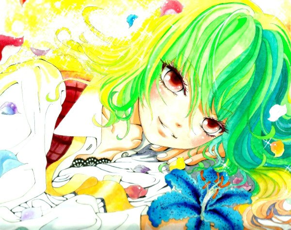 Anime picture 1200x946 with touhou kazami yuuka tagme (artist) blush red eyes green hair girl flower (flowers) petals