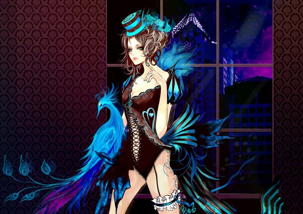 Anime picture 1000x707 with original prodigybombay long hair looking at viewer short hair brown hair green eyes city blue background playing with hair hair twirling girl hat animal window bird (birds) building (buildings) feather (feathers) garter (garters) corset