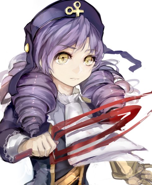 Anime picture 900x1100 with umineko no naku koro ni dlanor a knox kafi single long hair tall image looking at viewer simple background white background yellow eyes purple hair drill hair girl weapon cap neckerchief