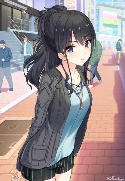 Anime picture 556x801 with idolmaster idolmaster shiny colors kazano hiori tamakaga long hair tall image looking at viewer blush fringe breasts open mouth black hair hair between eyes standing purple eyes signed payot outdoors ponytail open clothes