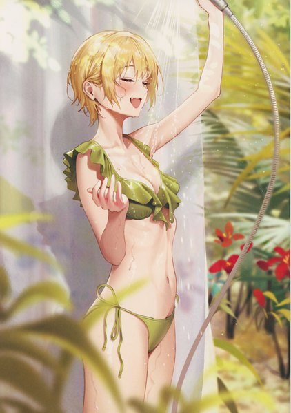 Anime picture 4891x6955 with idolmaster idolmaster shiny colors saijou juri ame (uten cancel) single tall image blush fringe highres short hair breasts open mouth light erotic blonde hair hair between eyes standing holding absurdres outdoors eyes closed